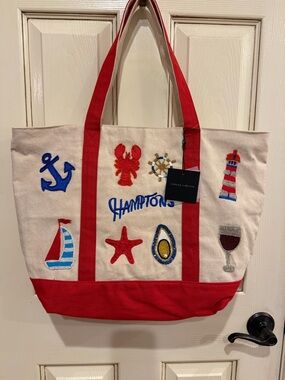 America & Beyond Hamptons Embroidered Nautical Tote - Red & Cream